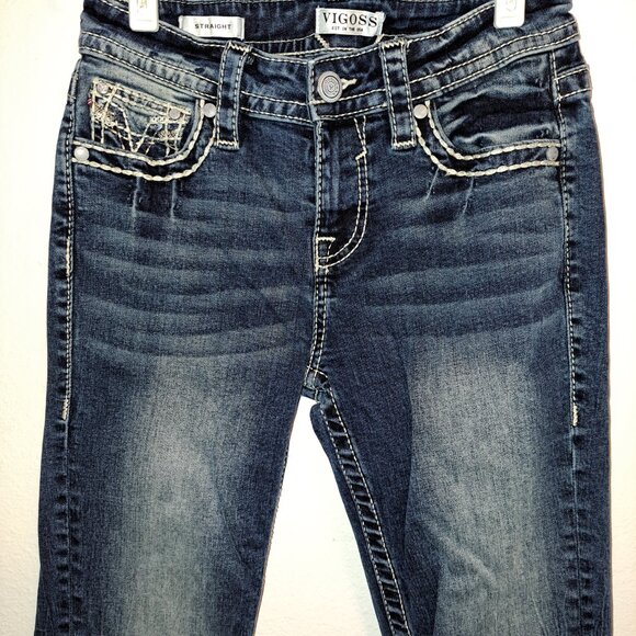Vigoss Distressed Embroidered Pockets Straight Denim Jeans - Picture 5 of 11